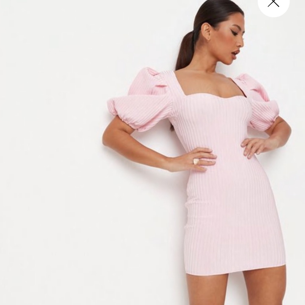 Pink Rib Puff Sleeve Bandage Dress
